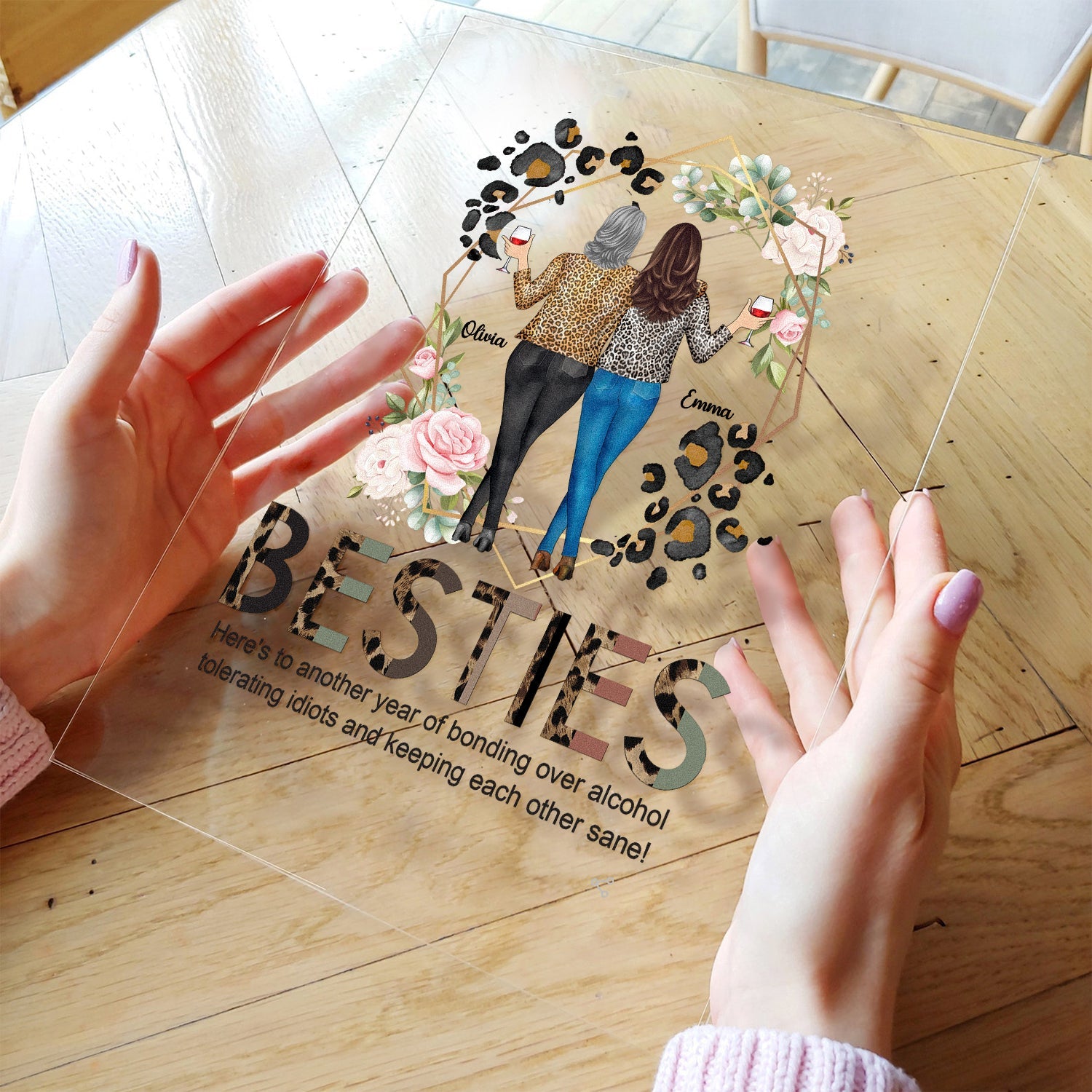 Besties, Tolerating Idiots, Bonding Over Alcohol - Personalized Acrylic Plaque - Birthday Gift For Bestie, Friend, Sister, Work Bestie, Colleague - Image 3