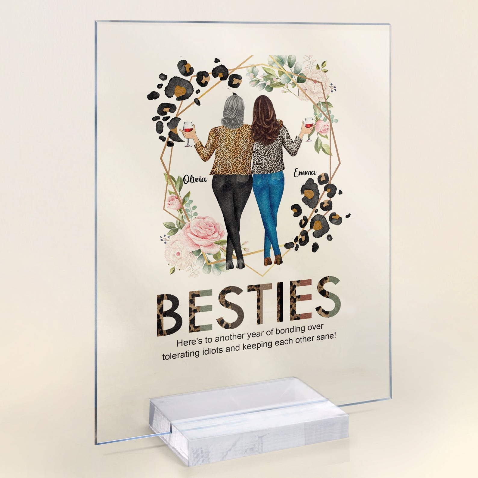 Besties, Tolerating Idiots, Bonding Over Alcohol - Personalized Acrylic Plaque - Birthday Gift For Bestie, Friend, Sister, Work Bestie, Colleague - Image 2