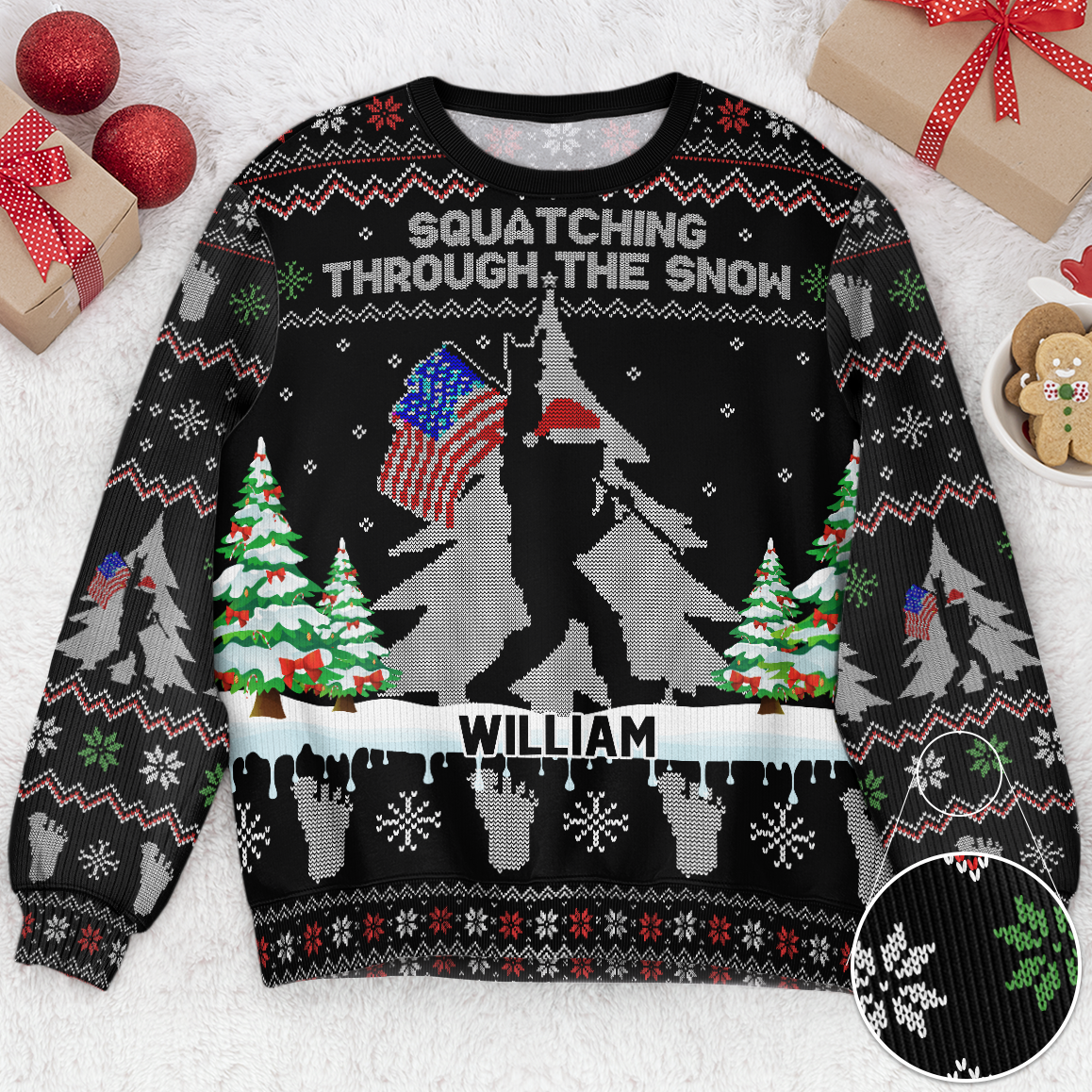 Squatching Through The Snow American Bigfoot - Personalized Ugly Sweater - Image 2